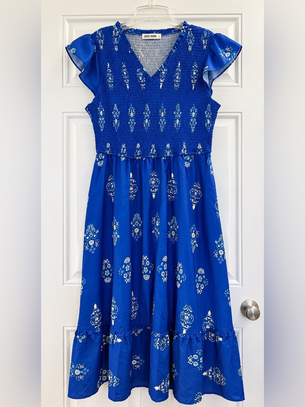 GRACE KARIN Blue and White Floral Smocked Flutter Sleeve Midi Maxi Dress/XL/NWOT